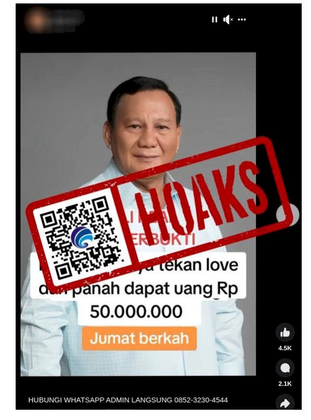 [HOAKS] Prabowo Subianto Bagikan Bantuan Uang Rp 50 Juta kepada Masyarakat